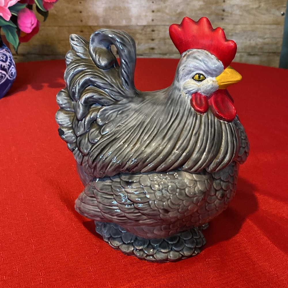 Vintage Gray Rooster Chicken Cookie Jar